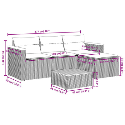 5 Piece Garden Sofa Set with Cushions Grey Poly Rattan Acacia