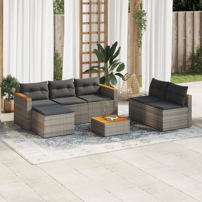 5 Piece Garden Sofa Set with Cushions Grey Poly Rattan Acacia