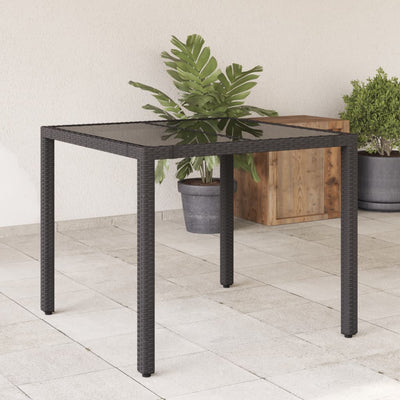 Garden Table with Glass Top Black 90x90x75 cm Poly Rattan