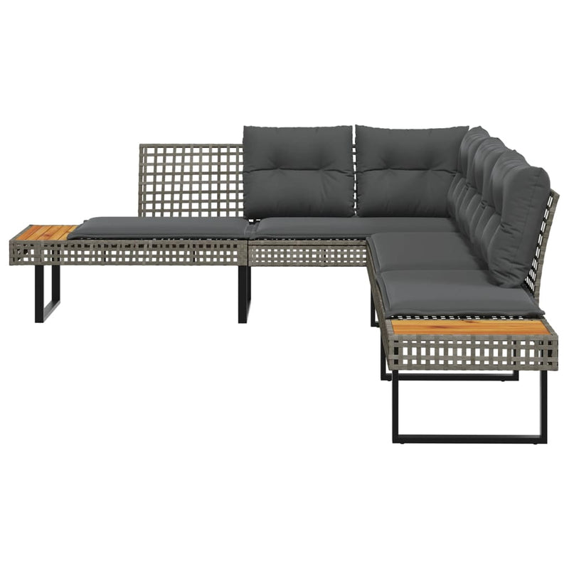 Garden Sofa with Cushions L-shaped Grey Poly Rattan and Acacia