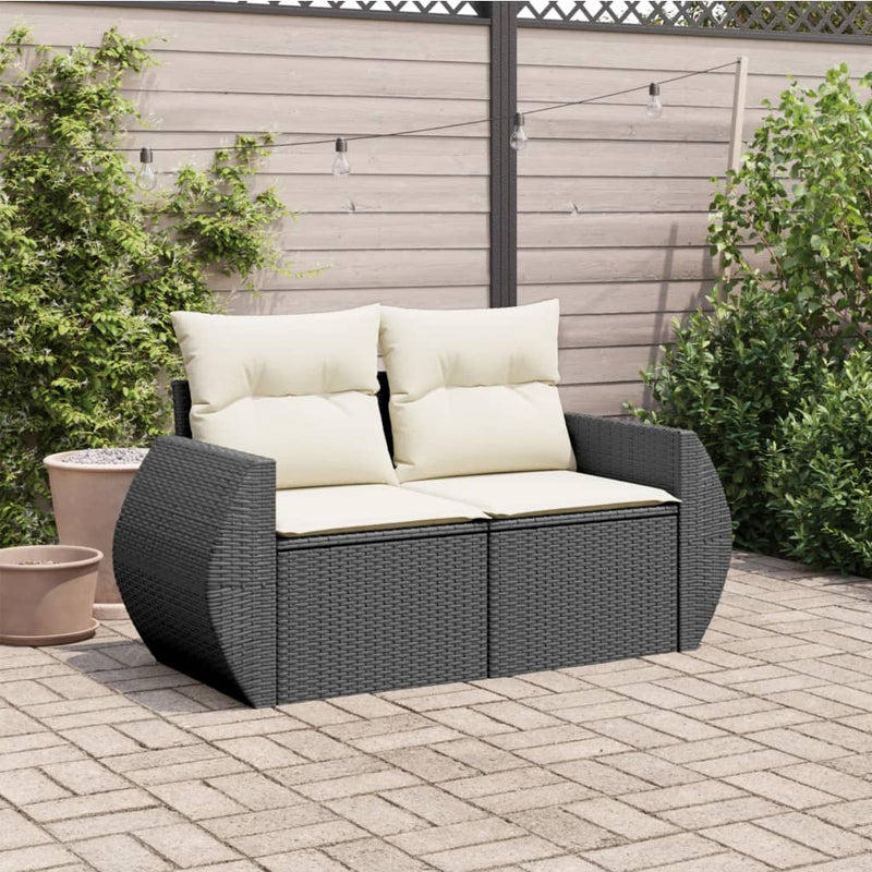 Garden Sofa with Cushions 2-Seater Black Poly Rattan