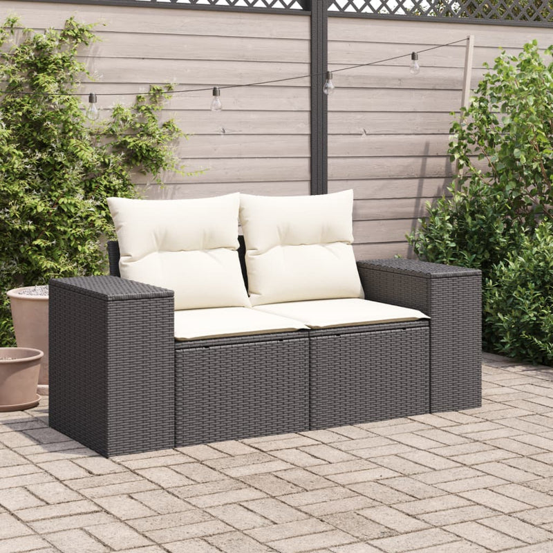 Garden Sofa with Cushions 2-Seater Black Poly Rattan