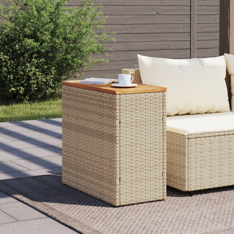 Garden Side Table with Wooden Top Beige 58x27.5x55 cm Poly Rattan