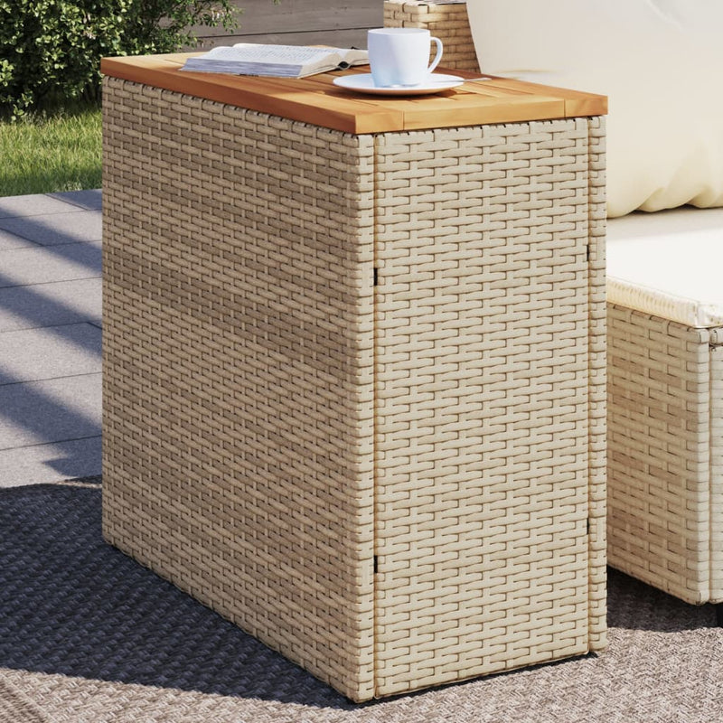 Garden Side Table with Wooden Top Beige 58x27.5x55 cm Poly Rattan