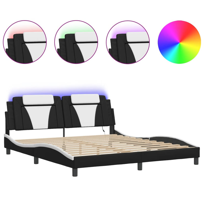 Bed Frame with LED Lights Black and White 183x203 cm King Size Faux Leather