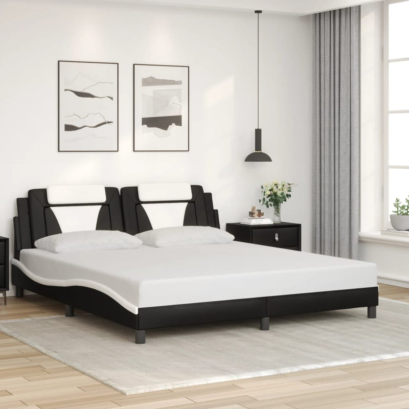 Bed Frame with LED Lights Black and White 183x203 cm King Size Faux Leather