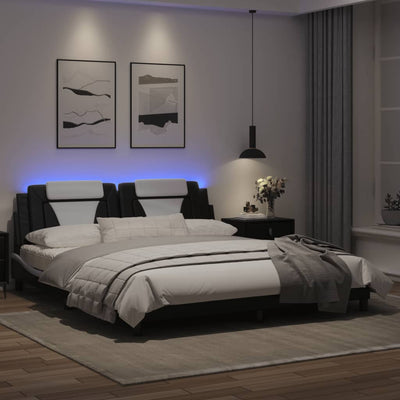 Bed Frame with LED Lights Black and White 183x203 cm King Size Faux Leather