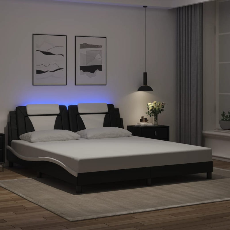 Bed Frame with LED Lights Black and White 183x203 cm King Size Faux Leather