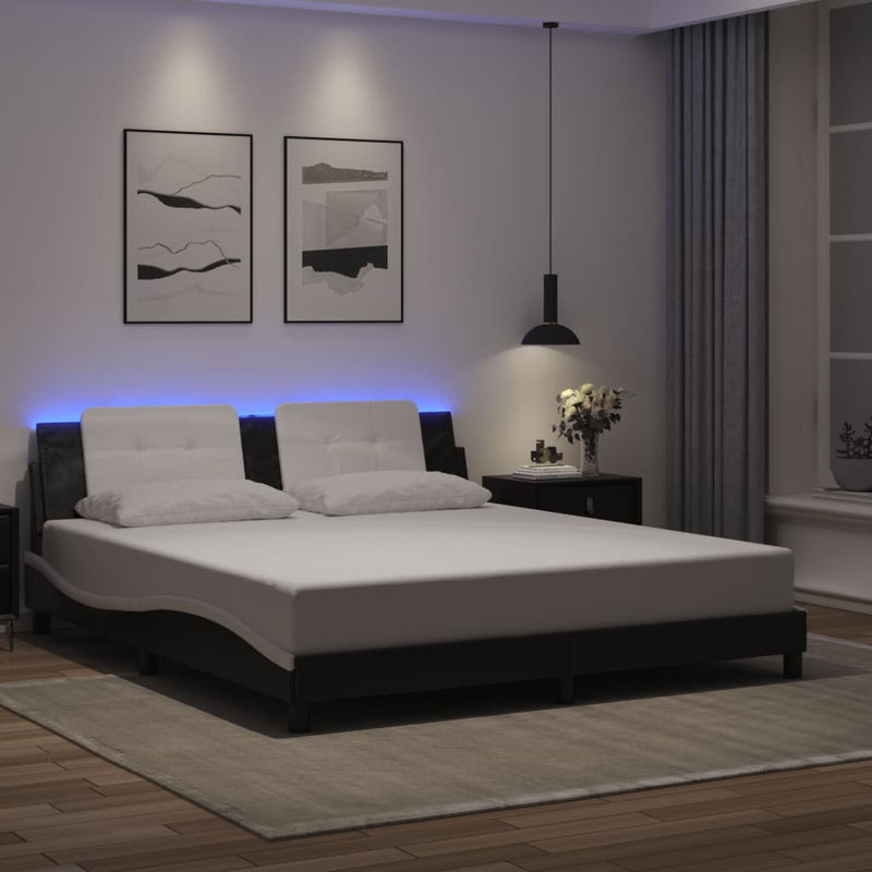 Bed Frame with LED without Mattress Black and White 183x203 cm King