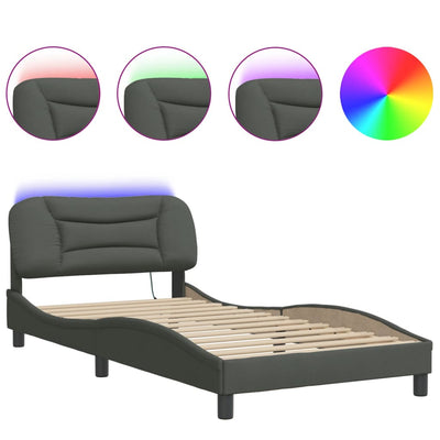 Bed Frame with LED without Mattress Dark Grey 107x203 cm King Single Fabric