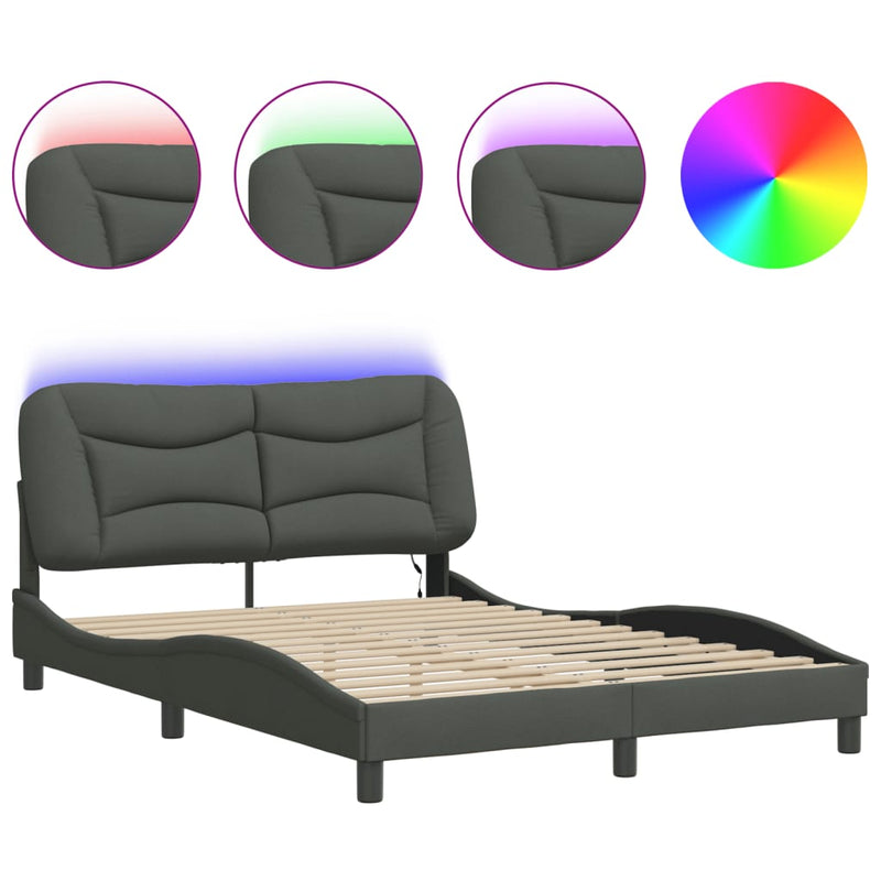 Bed Frame with LED without Mattress Dark Grey 137x187 cm Double Fabric