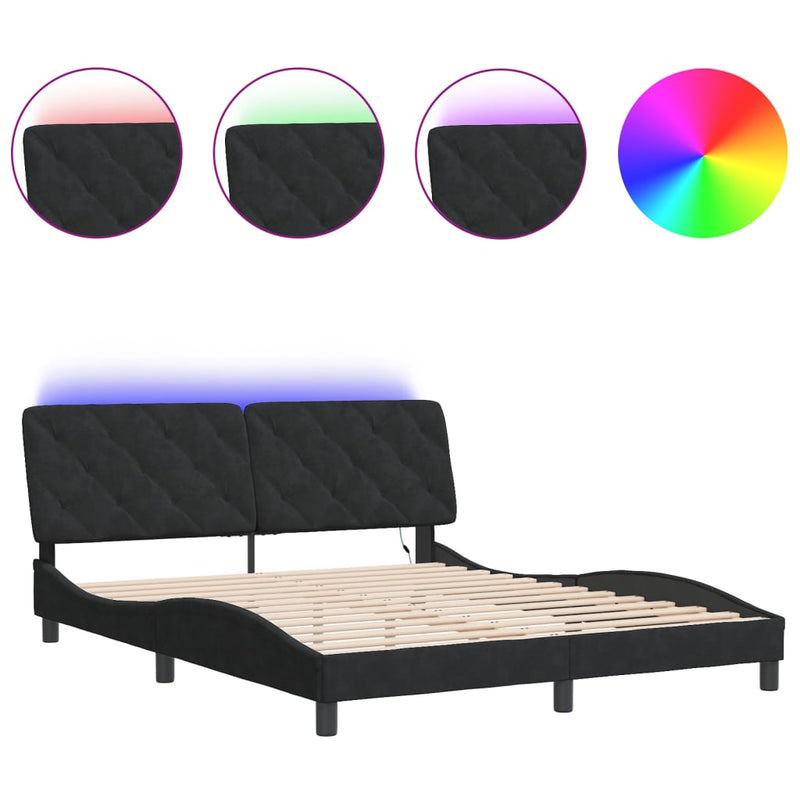 Bed Frame with LED without Mattress Black 152x203 cm Queen Velvet