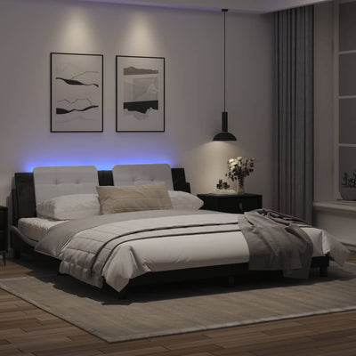 Bed Frame with LED Light Black and White 183x203 cm King Size Faux Leather