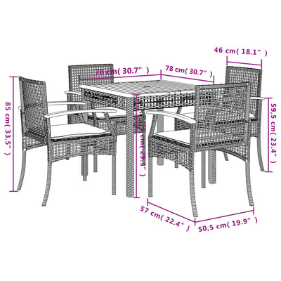 5 Piece Garden Dining Set with Cushions Black Poly Rattan