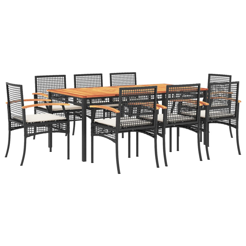 9 Piece Garden Dining Set with Cushions Black Poly Rattan