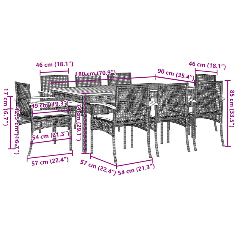 9 Piece Garden Dining Set with Cushions Black Poly Rattan