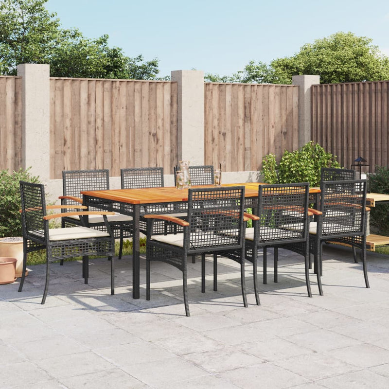 9 Piece Garden Dining Set with Cushions Black Poly Rattan