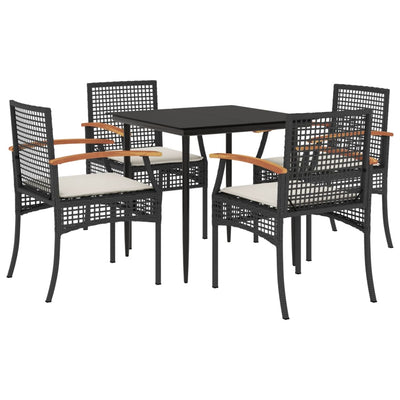 5 Piece Garden Dining Set with Cushions Black Poly Rattan