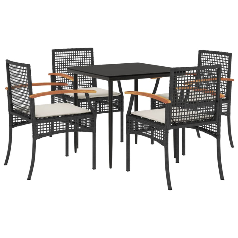 5 Piece Garden Dining Set with Cushions Black Poly Rattan