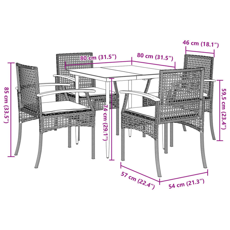 5 Piece Garden Dining Set with Cushions Black Poly Rattan