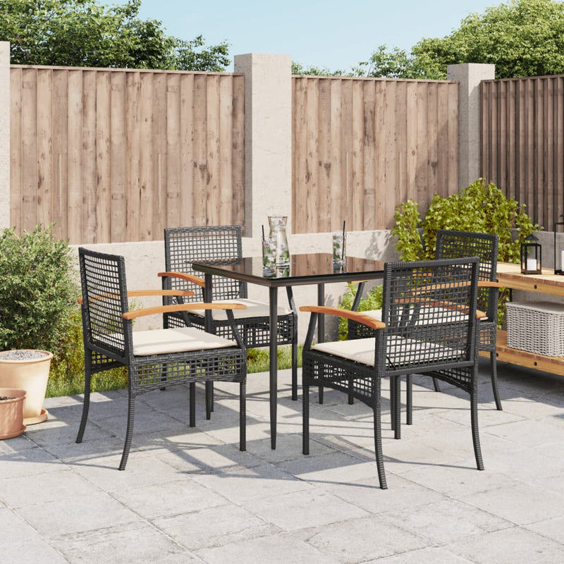 5 Piece Garden Dining Set with Cushions Black Poly Rattan