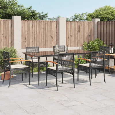 7 Piece Garden Dining Set with Cushions Black Poly Rattan