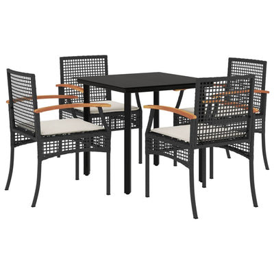 5 Piece Garden Dining Set with Cushions Black Poly Rattan