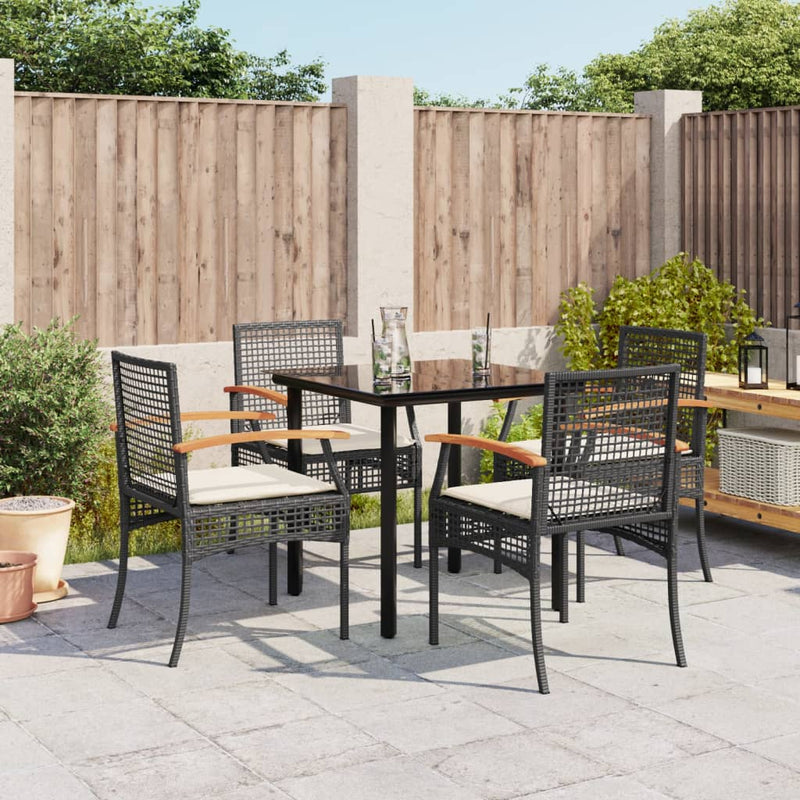 5 Piece Garden Dining Set with Cushions Black Poly Rattan