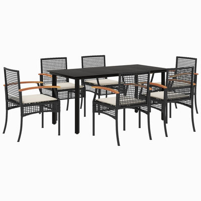 7 Piece Garden Dining Set with Cushions Black Poly Rattan