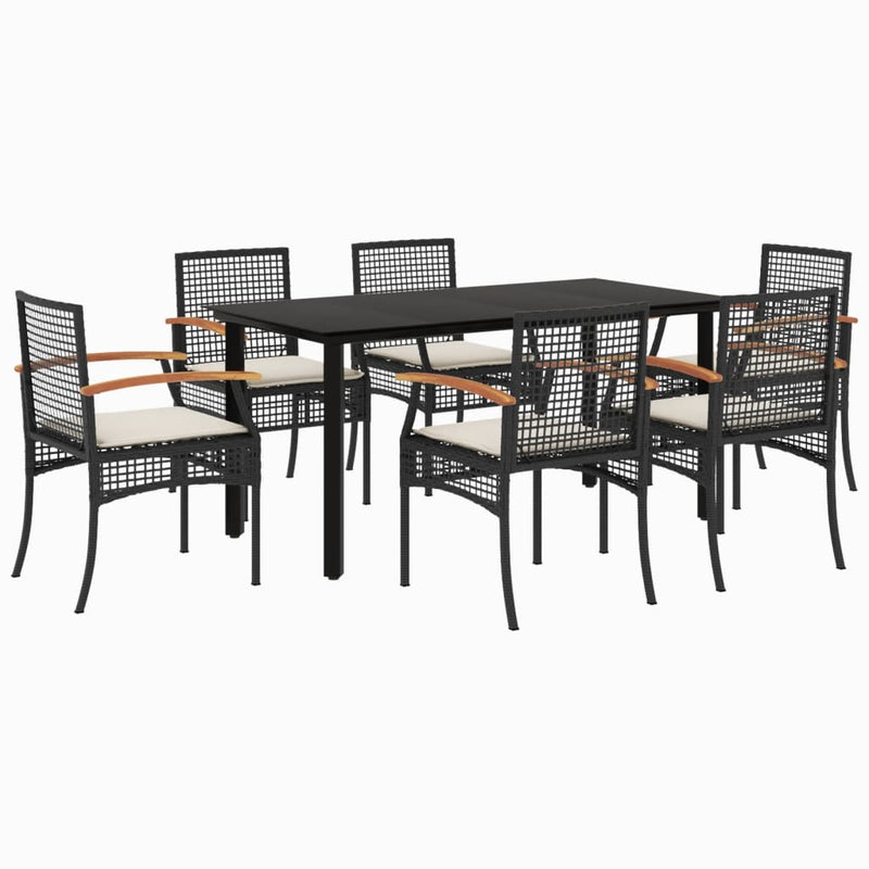 7 Piece Garden Dining Set with Cushions Black Poly Rattan