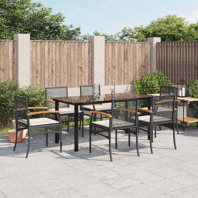 7 Piece Garden Dining Set with Cushions Black Poly Rattan