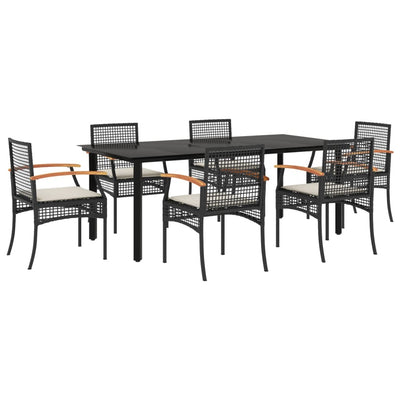 7 Piece Garden Dining Set with Cushions Black Poly Rattan