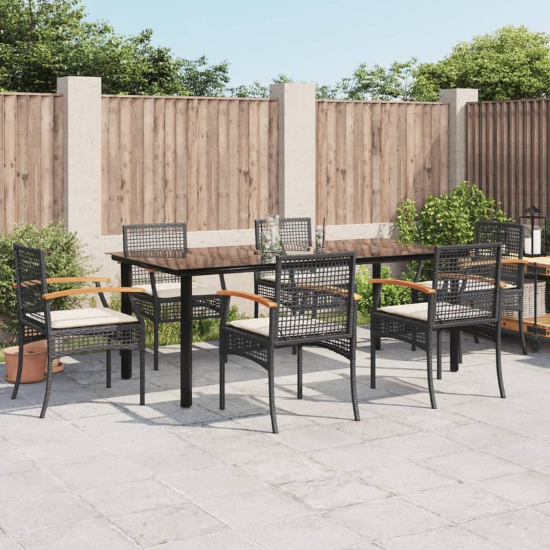 7 Piece Garden Dining Set with Cushions Black Poly Rattan