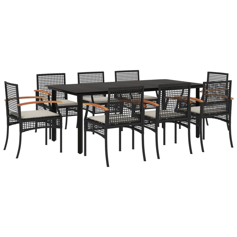 9 Piece Garden Dining Set with Cushions Black Poly Rattan