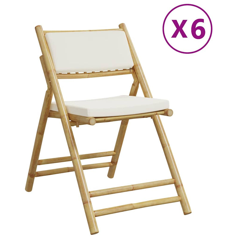 6 Piece Folding Bistro Chairs with Cream White Cushions Bamboo