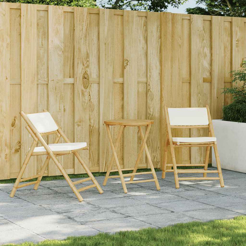 2 Piece Folding Bistro Chairs with Cream White Cushions Bamboo