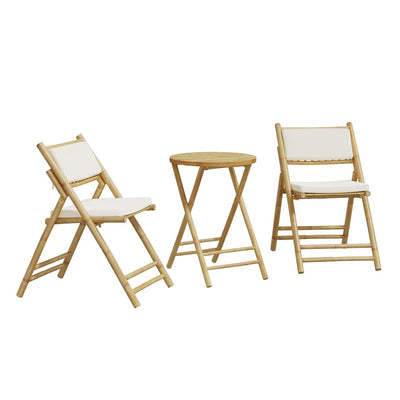 3 Piece Folding Bistro Set with Cream White Cushions Bamboo