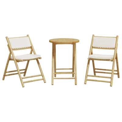 3 Piece Folding Bistro Set with Cream White Cushions Bamboo