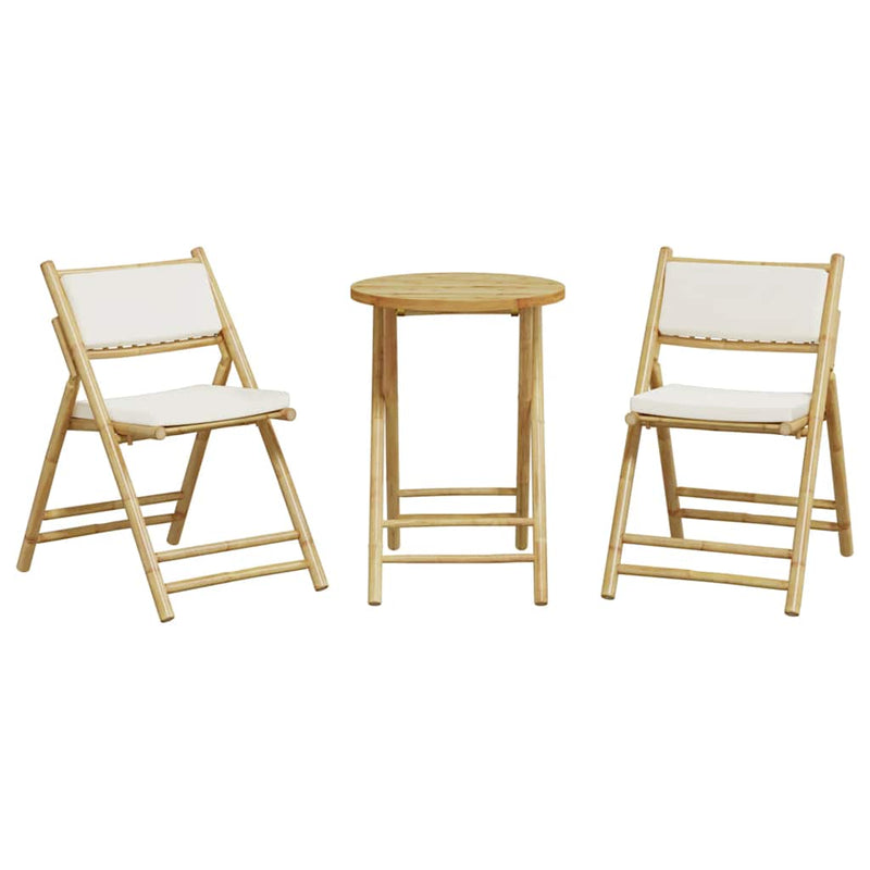 3 Piece Folding Bistro Set with Cream White Cushions Bamboo