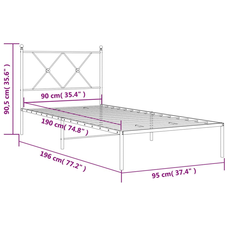 Metal Bed Frame without Mattress with Headboard Black 90x190 cm