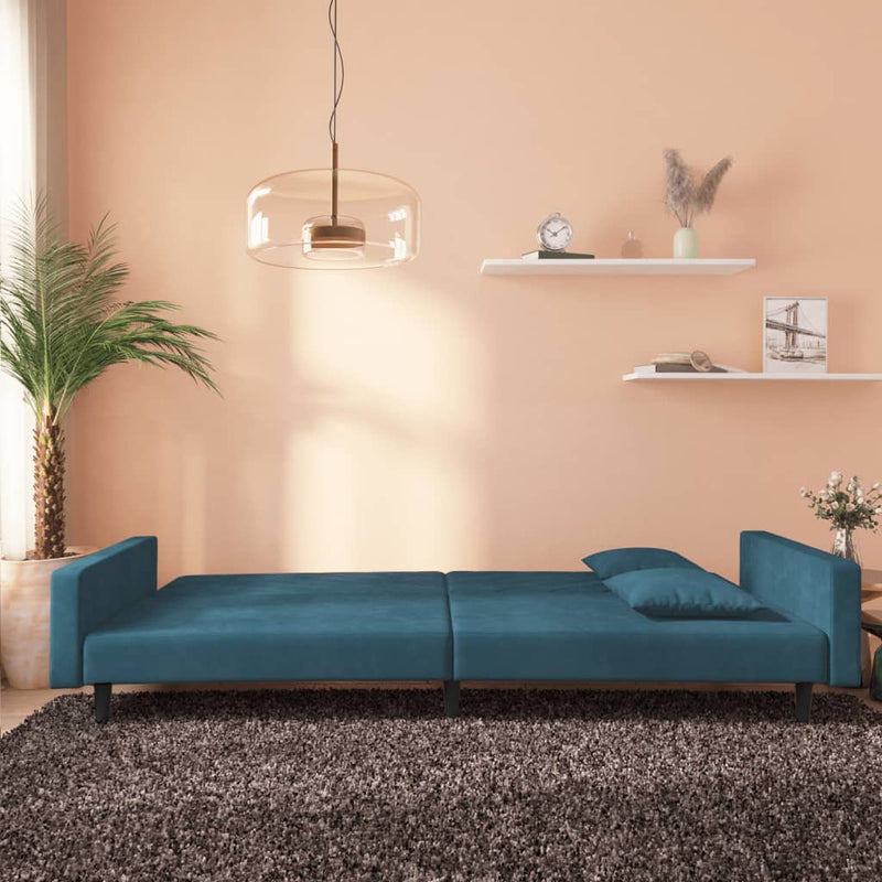 2-Seater Sofa Bed with Two Pillows Blue Velvet