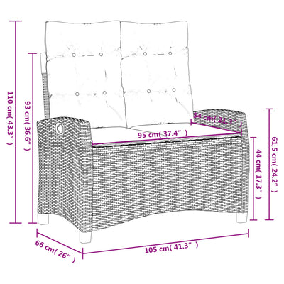 Reclining Garden Bench with Cushions Black Poly Rattan