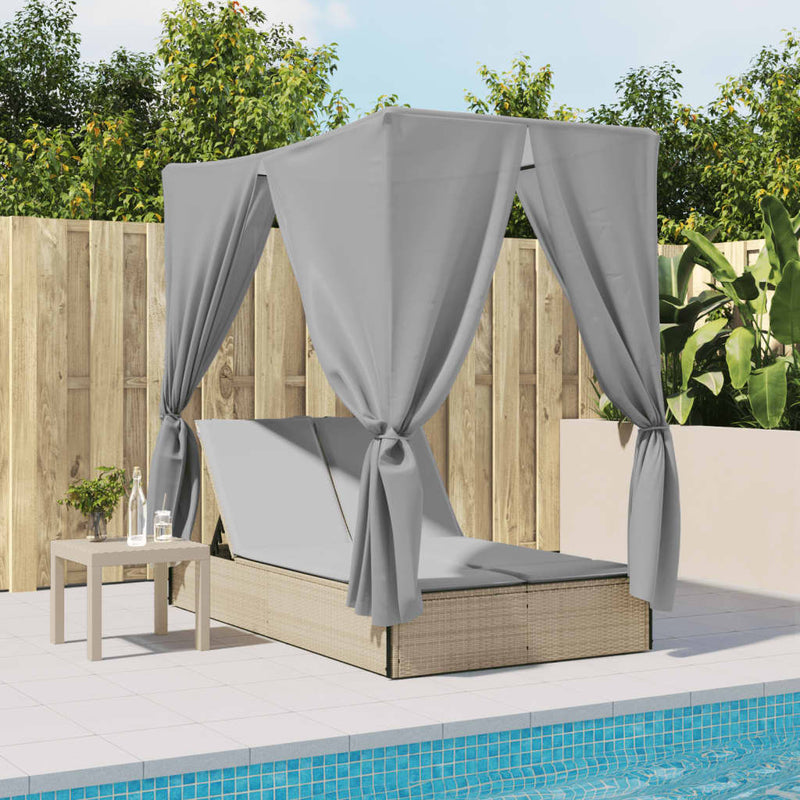 Double Sun Lounger with Roof and Curtains Beige Poly Rattan