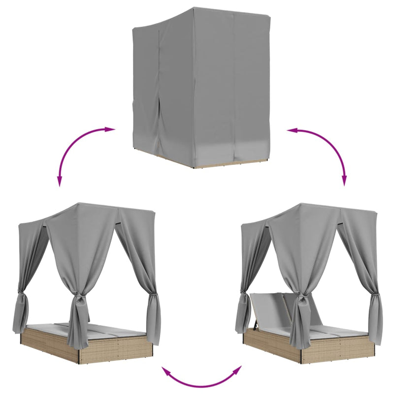 Double Sun Lounger with Roof and Curtains Beige Poly Rattan