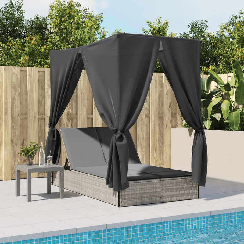 Double Sun Lounger with Roof and Curtains Light Grey Poly Rattan