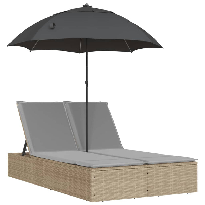 Double Sun Lounger with Cushions&Parasol Beige Poly Rattan