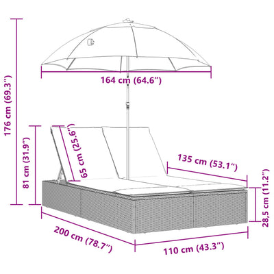 Double Sun Lounger with Cushions&Parasol Beige Poly Rattan