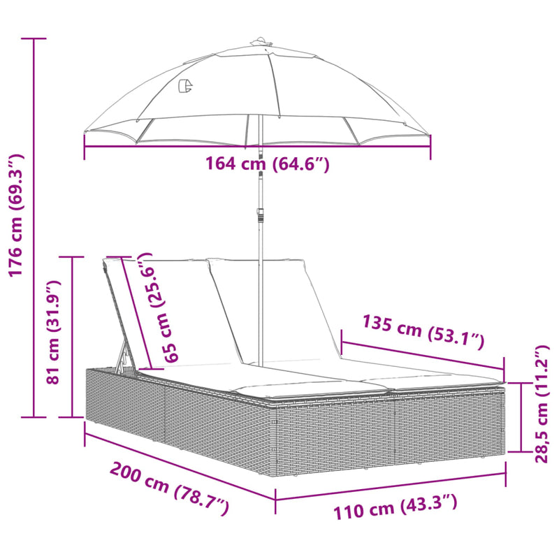 Double Sun Lounger with Cushions&Parasol Beige Poly Rattan