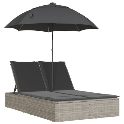 Double Sun Lounger with Cushions&Parasol Light Grey Poly Rattan