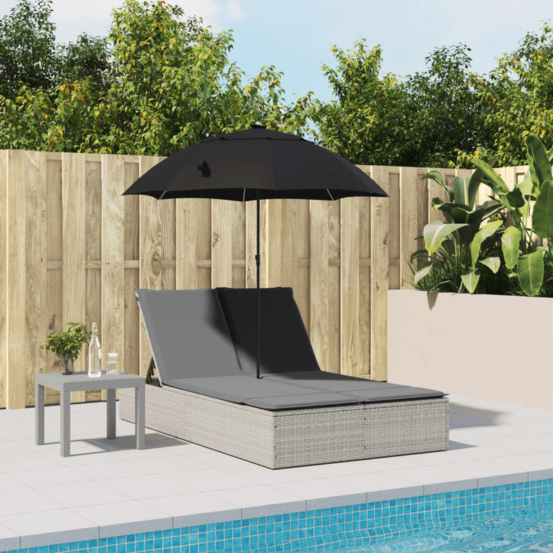 Double Sun Lounger with Cushions&Parasol Light Grey Poly Rattan